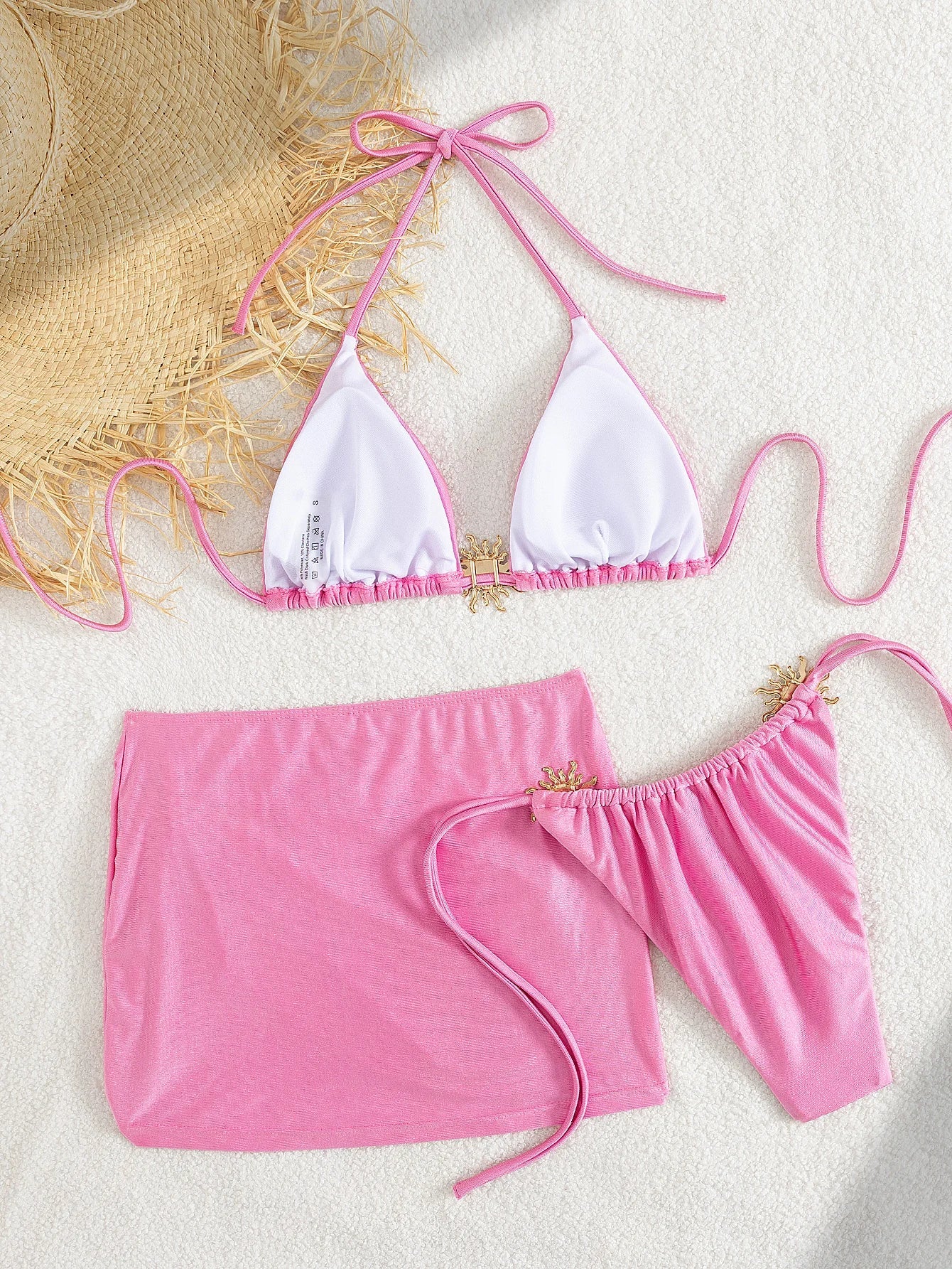 Sexy Pink Bikini 2025 Mujer Women Metal Sun Ornament Push Up Mesh Skirt 3 Piece Swimsuit Summer Bathing Suit Vacation Swimwear