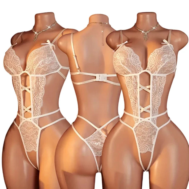 Crotchless Sexy Underwear Women Bodysuit Erotic Lingerie Lace Pajamas See Through Deep V Neck Babydoll Open Bra Hot Lingerie Set