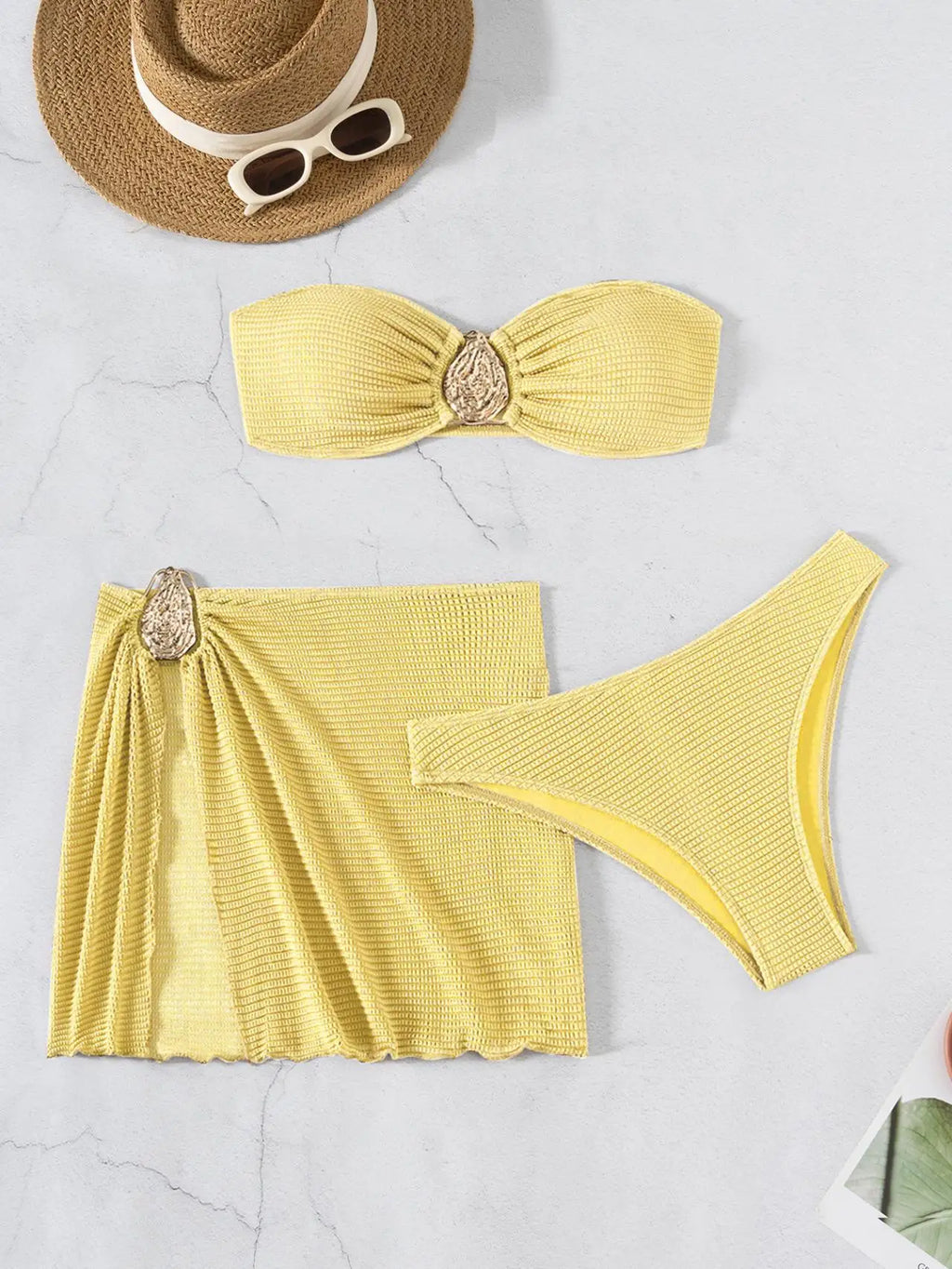 2026 New Sexy Bandeau Bikini Women Metal Water Droplet Ornament Push Up Mesh Skirt 3 Piece Swimsuit Beach Bathing Suit Swimwear
