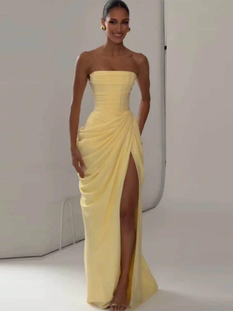 Elegant High Waist Bodycon Maxi Dress Strapless Pleated Hem Corset Party Robes Luxury Vestidos 2026 New Lady Evening Gowns