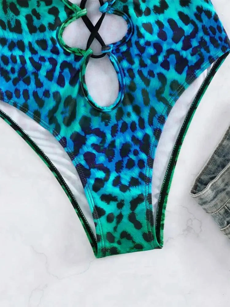 Sexy Hollow Out One Piece Swimsuit 2025 Women Blue Leopard Print Gradient Bandage Backless Bikini Bathing Suit Thong Swimwear