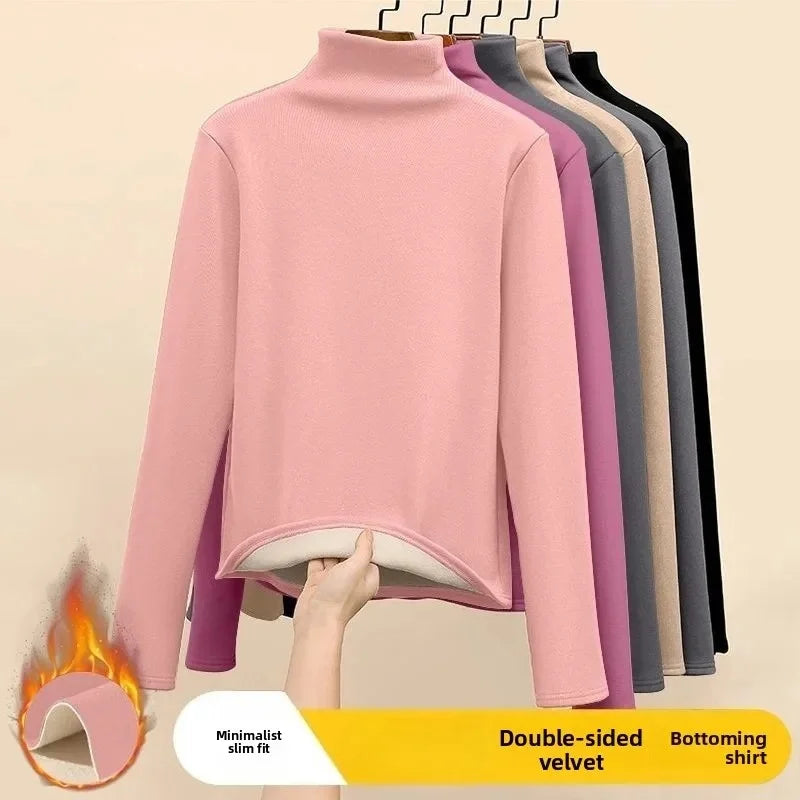 Women Thermal Underwear Winter Thickened and Flannel Bottom Shirt Solid Long Sleeve Basic T-Shirt Heating Fiber Pullovers