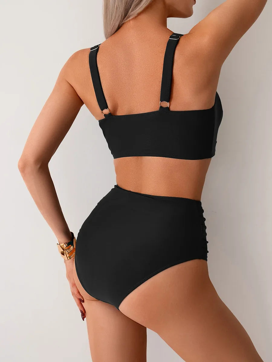 2026 Sexy Black Two Piece Swimsuit Women Solid Push Up Padded Bikini Set Beachwear Summer Swimwear High Cut Bathing Suit Biquini