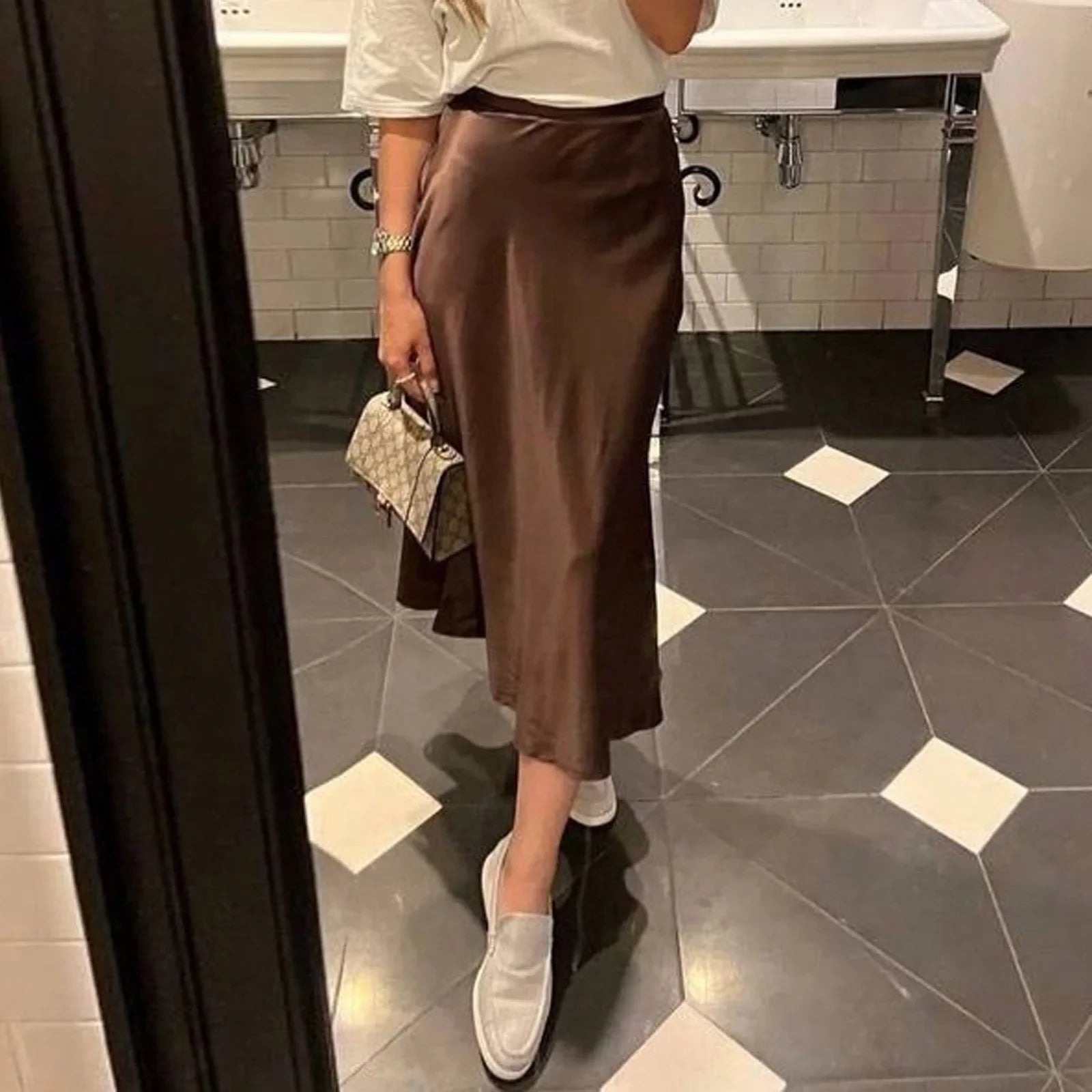 Women Summer Spring High Waist Skirts Fashion Vintage Solid Color Long Satin Texture Skirt Chic Female Long Skirts Mujer