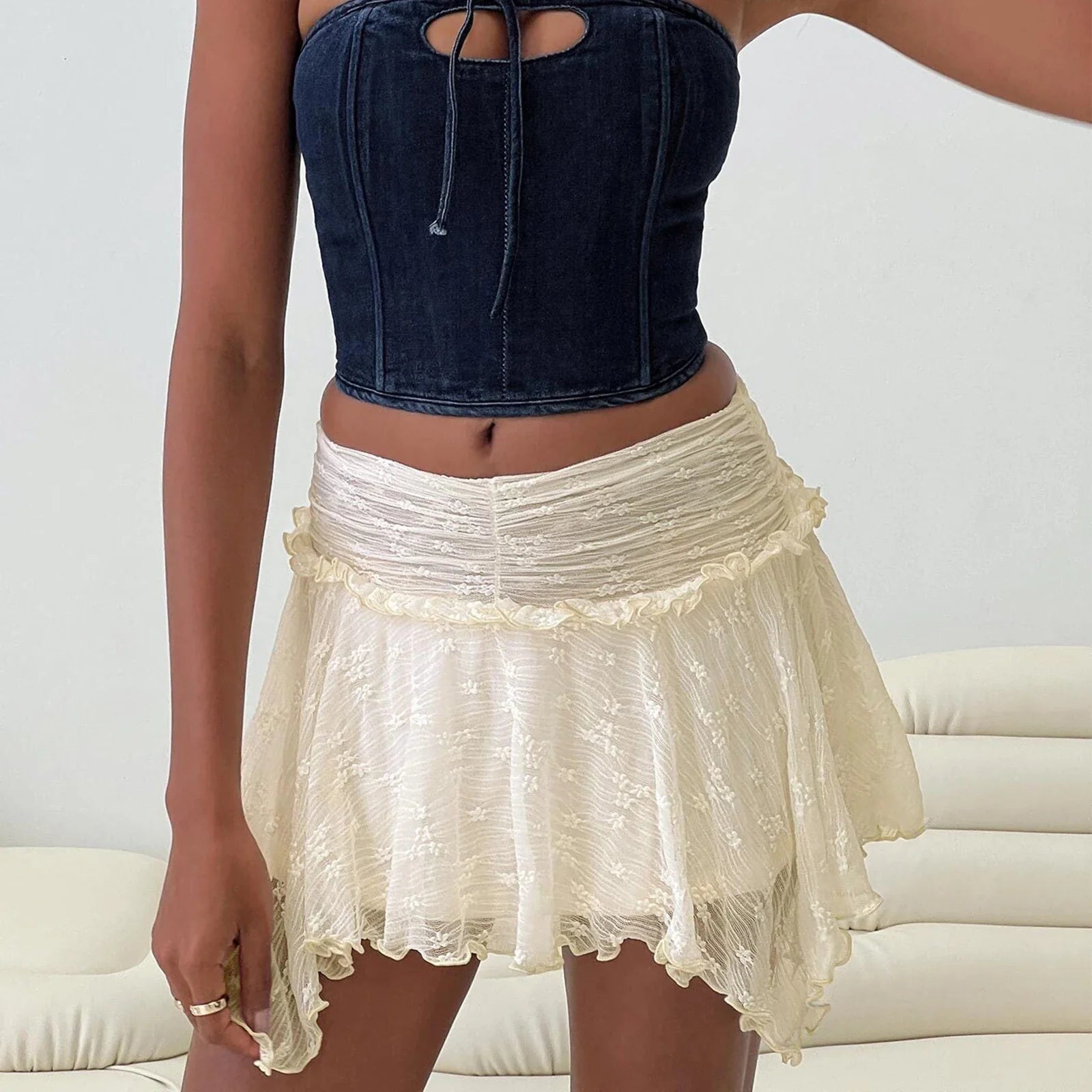 Women's Solid Color Gothic Mini Skirts Lace Ruched High Waist Skirts Spring Summer Irregular Hem Casual Skirts
