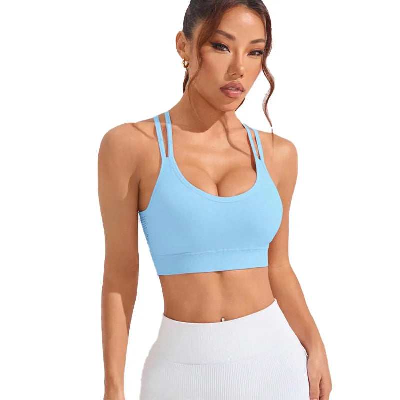 Color-blocked Yoga Top with Cross-straps Yoga Bra Stretchy Comfortable Breathable Sports Vest Wire-free Bra