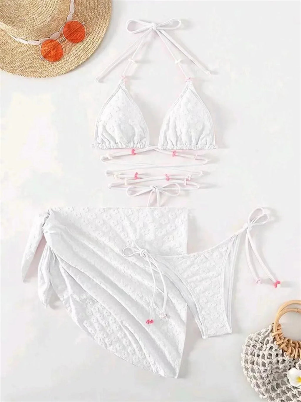 Mesh Skirt Pleated Bikini Set Women Blue White Floral Designer Criss Cross Swimsuit 3 Piece Bathing Suit Cover Up Swimwear 2024