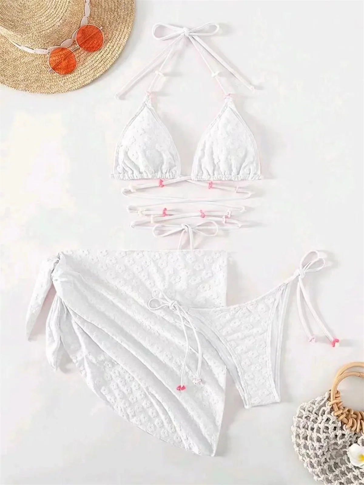 Mesh Skirt Pleated Bikini Set Women Blue White Floral Designer Criss Cross Swimsuit 3 Piece Bathing Suit Cover Up Swimwear 2024