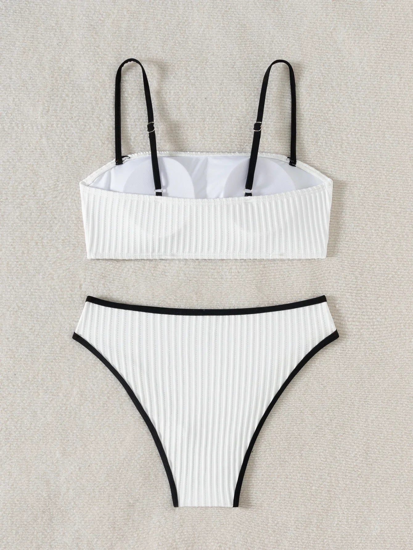 2025 Rib Piping Bandeau High-Rise Bottoms Bikini Set Trendy Beachwear Straight Neckline High Rise Swimwear Swimsuit Bathing Suit