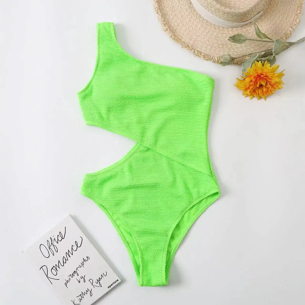 2024 New One Shoulder Women's Swimsuit One Piece Cut Out Sexy Swimwear Women Textured Monokini Solid Bathing Suit Beach Wear