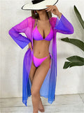 Sexy Kimono 3 Piece Bikini Set 2024 Women Pink Gradient Long Sleeve Cover Up Swimsuit Holiday Summer Bathing Suit Thong Swimwear