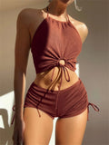 Sexy Ring Linked Pleate Bikini Set Women Brown Cut Out Push Up Two Piece Swimsuit 2024 Bathing Suit High Waist Panties Swimwear