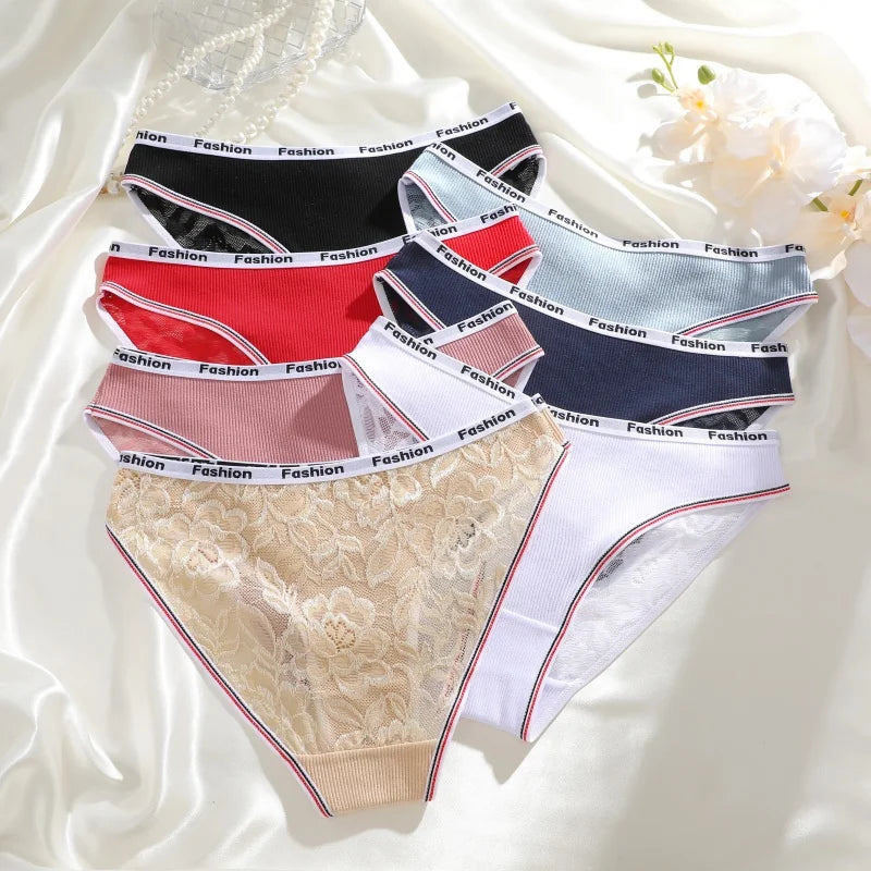 3Pcs/Set Women's Cotton Lace Panties V-Waist Sexy Sport Low Waist Briefs S-XL Comfortable Underwear Female Soft Color Underpants