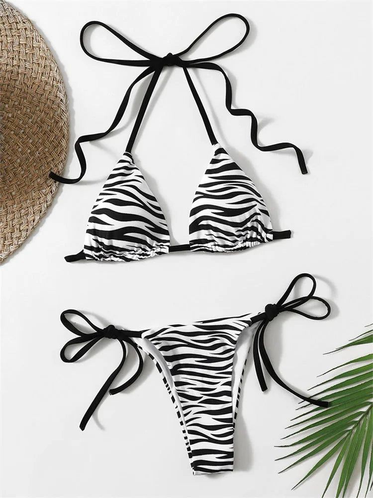 Sexy Zebra Striped Bikini Women Halter Push Up Triangle Swimsuit Brazilian Summer Bathing Suit Micro Swimwear 2025 Swimming Suit
