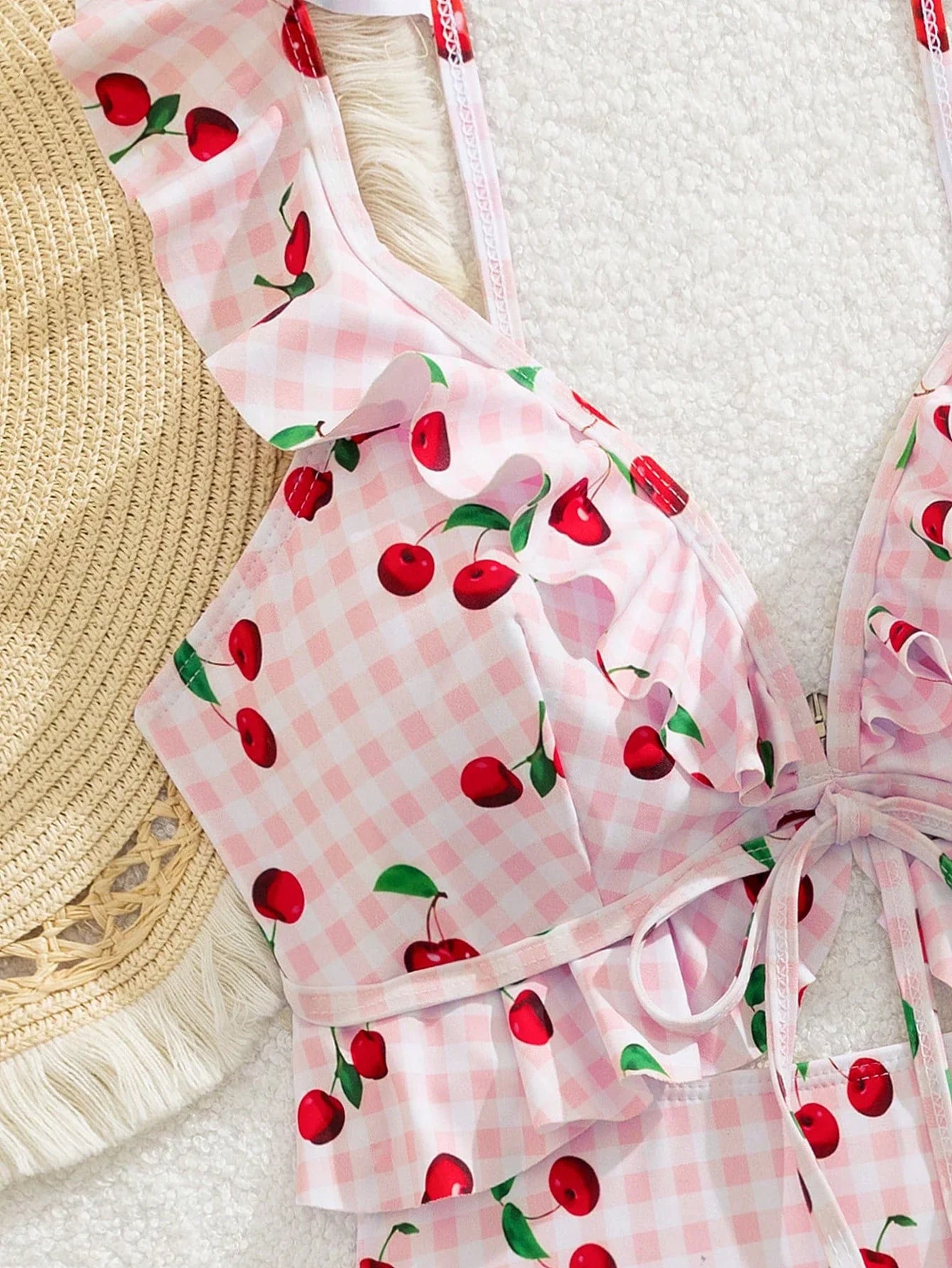 Vintage Pink Starberry Print One Piece Swimsuit 2026 Women Ruffles Bandage Cross High Waist Bikini Beach Bathing Suit Swimwear