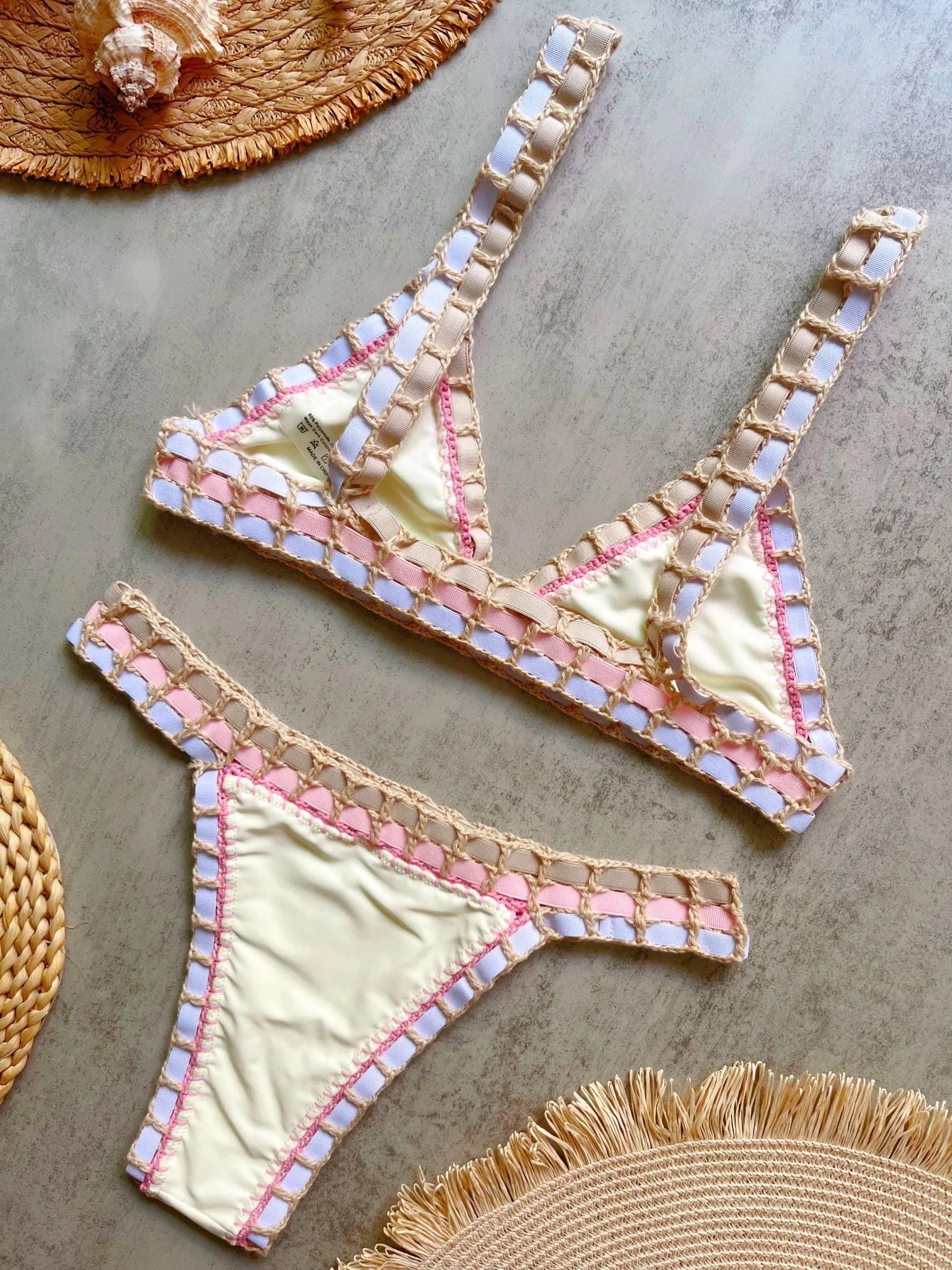 Sexy Black Patchwork Hand Crochet Bikini Set Women 2026 V Neck Push Up Bra Thong Swimsuit Beach Bathing Suit Knitted Swimwear