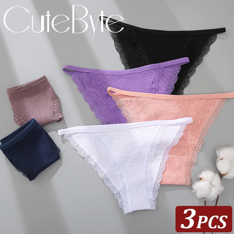 3PCS Women‘s Cotton Lace Panties Low Waist Briefs Comfortable Underwear Ladies Solid Color Underpants Girls Breathable Panty New
