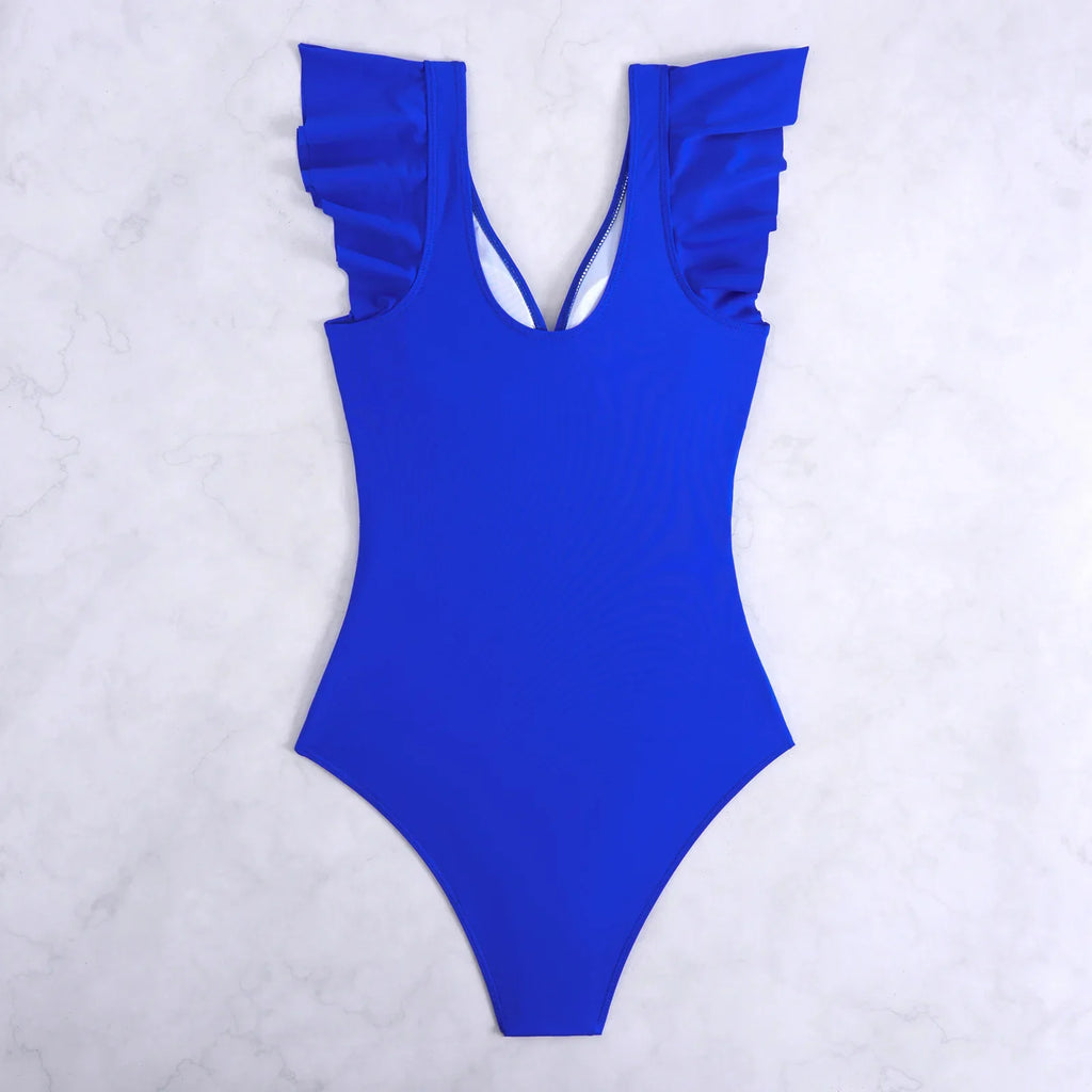 2026 Solid Women's Swimsuit Trend Tummy Control V Neck Sexy Black Bikini Ruched Bathing Suits Slim Fit Ruffle Sleeve Swimwear