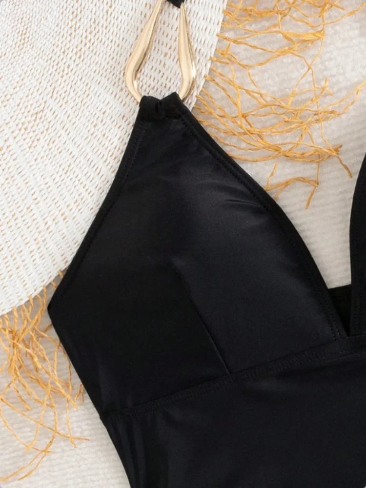 Vintage Black Two Piece Bikini Set 2026 Women Metal Buckle Strap V Neck Pleate Tank Top High Waist Bikini Bathing Suit Swimwear