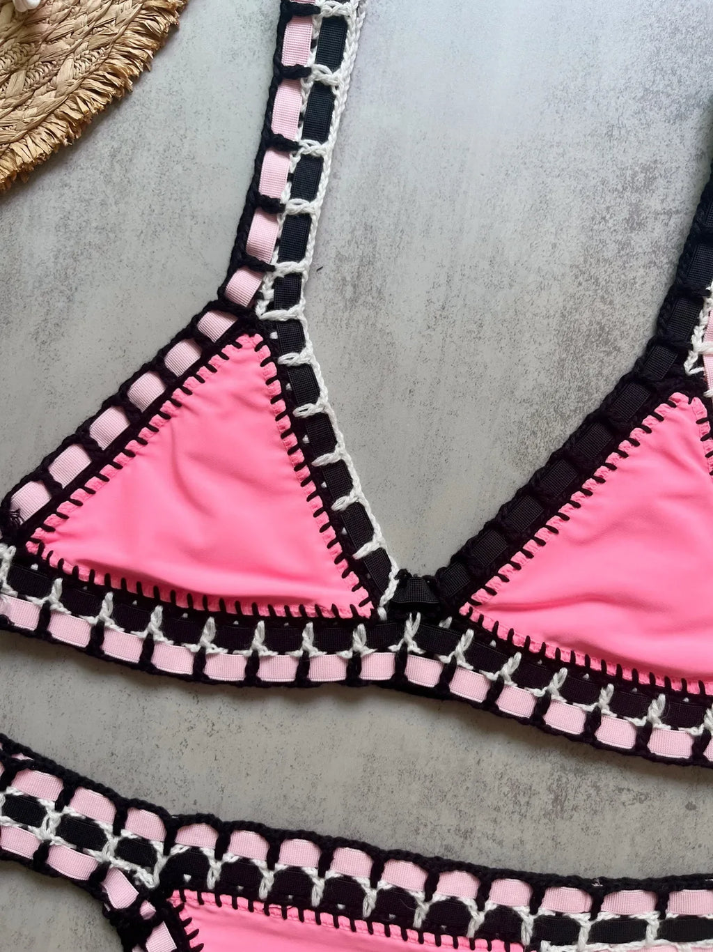 Sexy Black Patchwork Hand Crochet Bikini Set Women 2026 V Neck Push Up Bra Thong Swimsuit Beach Bathing Suit Knitted Swimwear