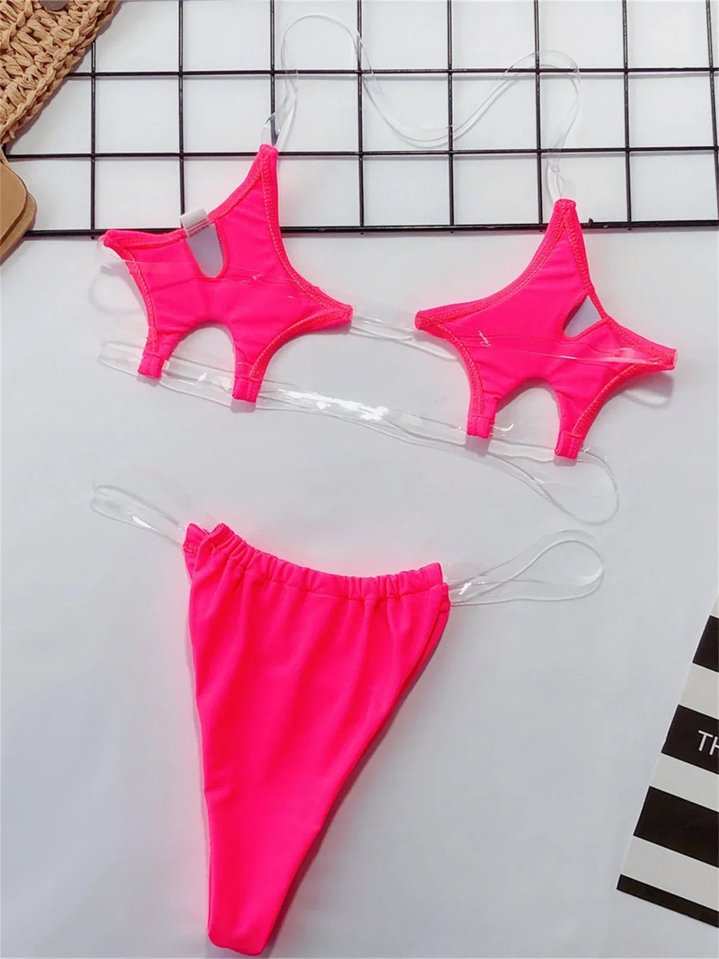 Sexy Micro Bikini 2025 Women Pentagram Design Transparent Swimwear Neon Clear Strap See Through Thong Swimsuit Traje De Baño