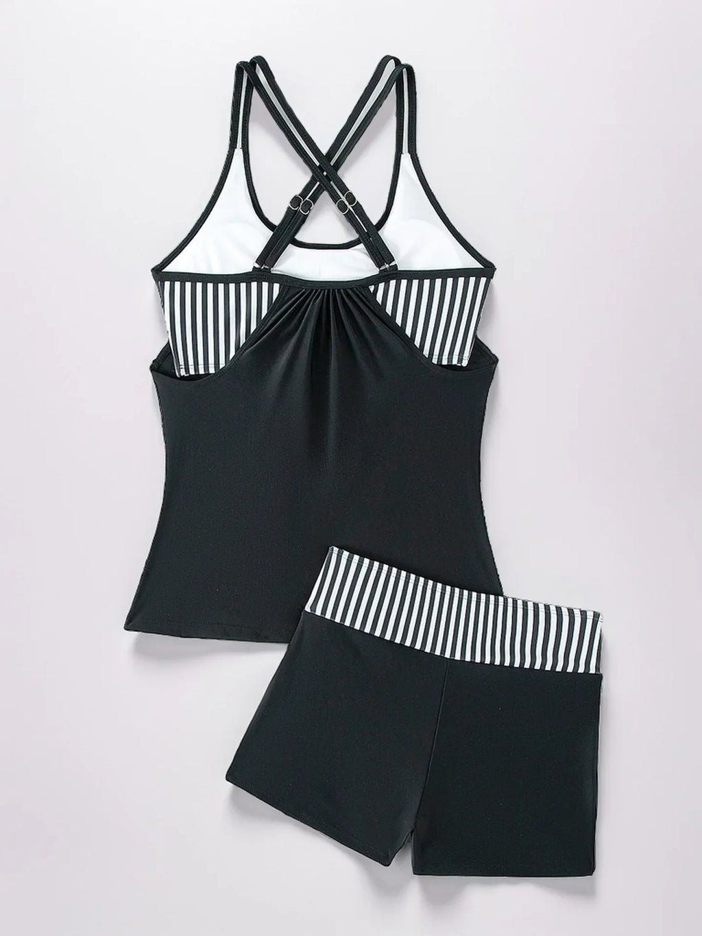 Women's Conservative Two Piece Swimsuit Black Stripe Print Patchwork Crop Top Tankini Set Beach Bathing Suit High Waist Swimwear