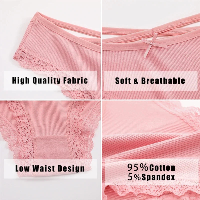 3PCS/Set Women Cotton Panties Low Waist Sexy Lace Brazilian Briefs Female Cross Webbing Underpants Soft Breathable Lingerie S-XL