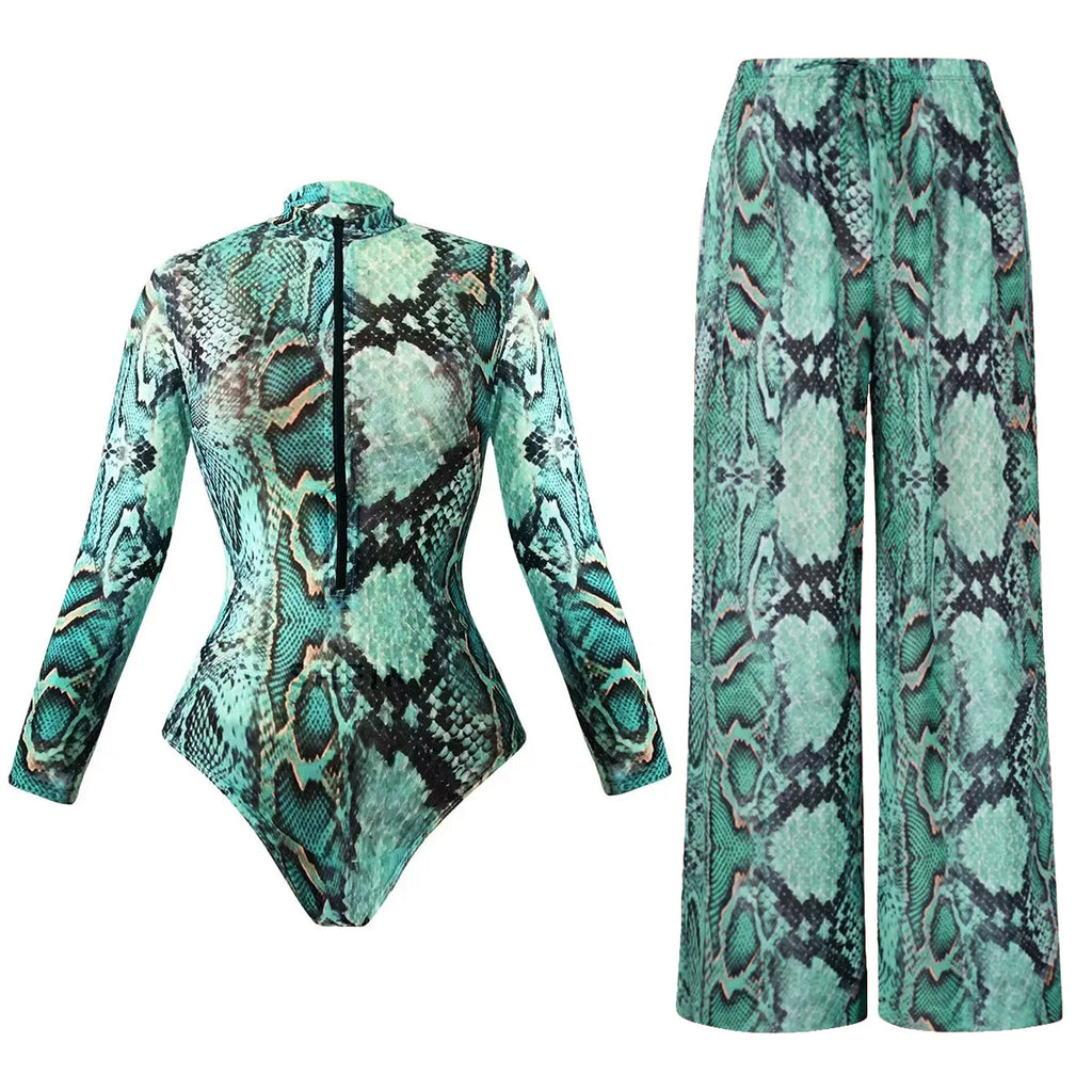 UPF35 Long Sleeved Sunscreen Swimsuit Long Pants Set Women Black Geometry Print Zipper Slim Fit Swimwear Bodysuit Beachwear 2025