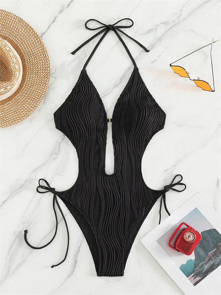 One Piece Swimsuit for Women 2024 Lace Patchwork Green Hollow Out Thong Swimwear Beach Bathing Suit Tie Side Backless Monokini