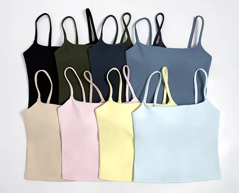 NCLAGEN SoftMotion Strappy Mid Vest with Built in Bra Shelf Women Gym Tank Top Naked-feel Workout Fitness Pilates Yoga Camisole