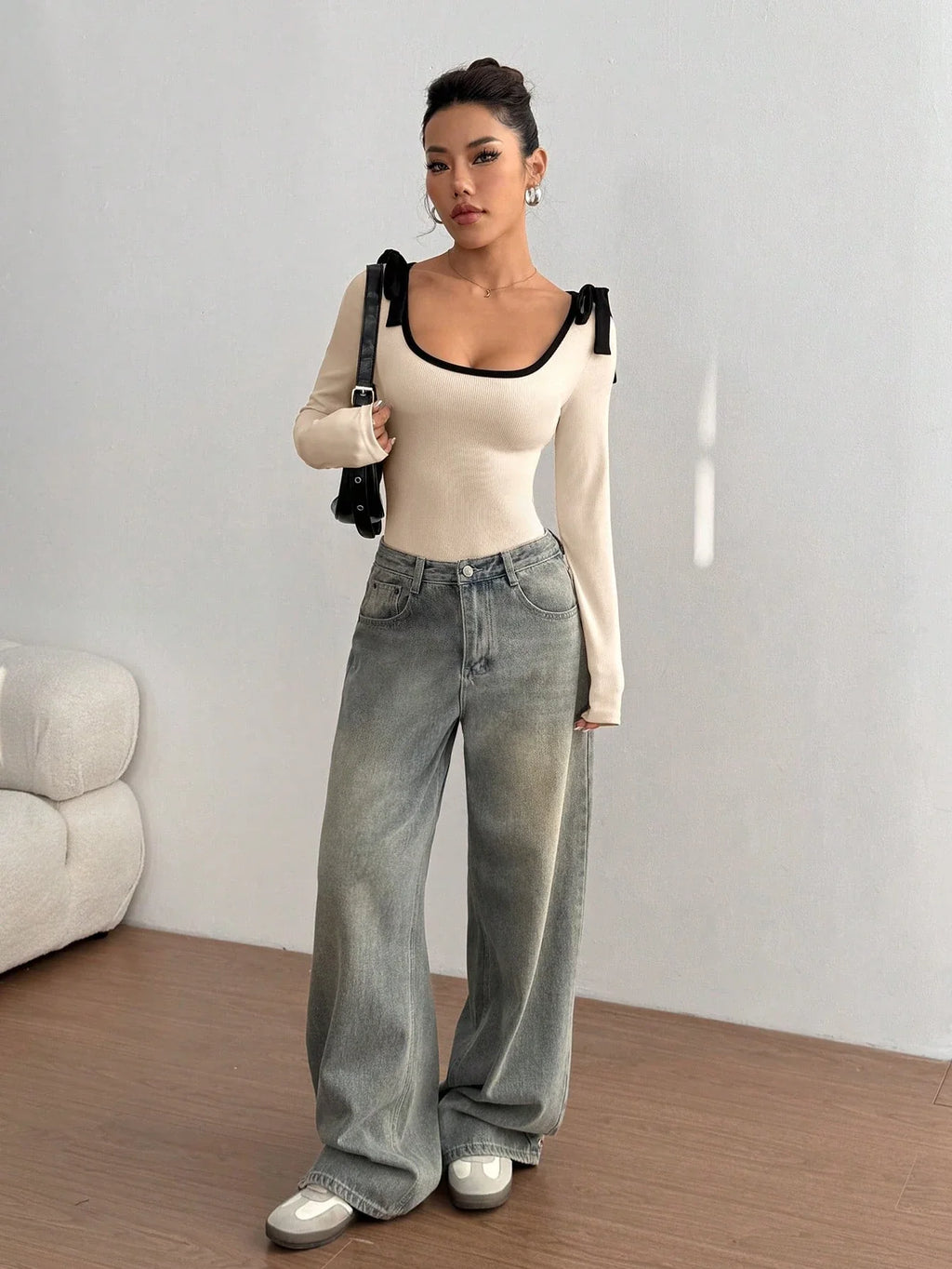 Women's Casual Color Block Slim Fit Long Sleeve Bodysuit Commuting Tie-Strap Decorate Rib-Knit Bodysuit Spring/Fall 2026