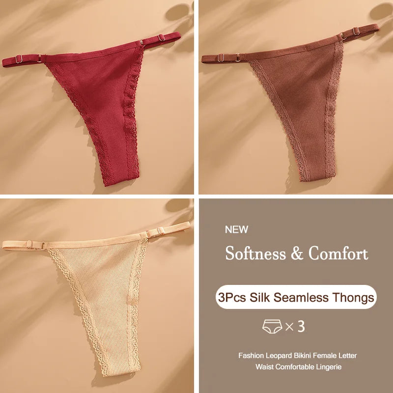 3Pcs G-String Cotton Sexy Women Thongs Adjustable Belt Seamless Panties Breathable Low Waist Lingerie Female Soft Solid Color