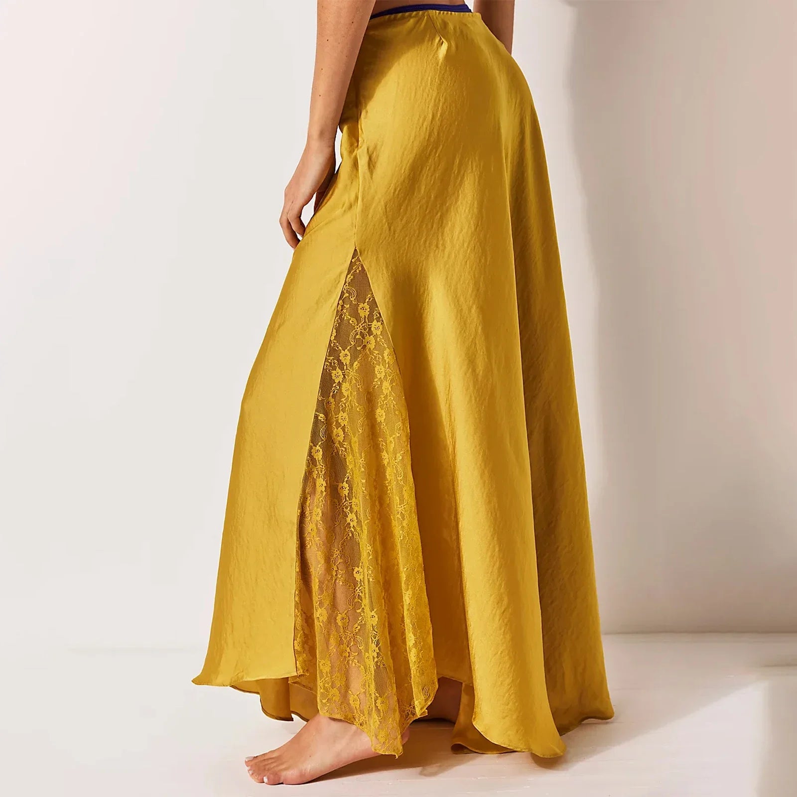 Solid Women Long Skirts Summer Elegant Low Waist Lace Satin Patchwork Skirts with Lace Flower Vintage Skirts Ball Gown Skirts