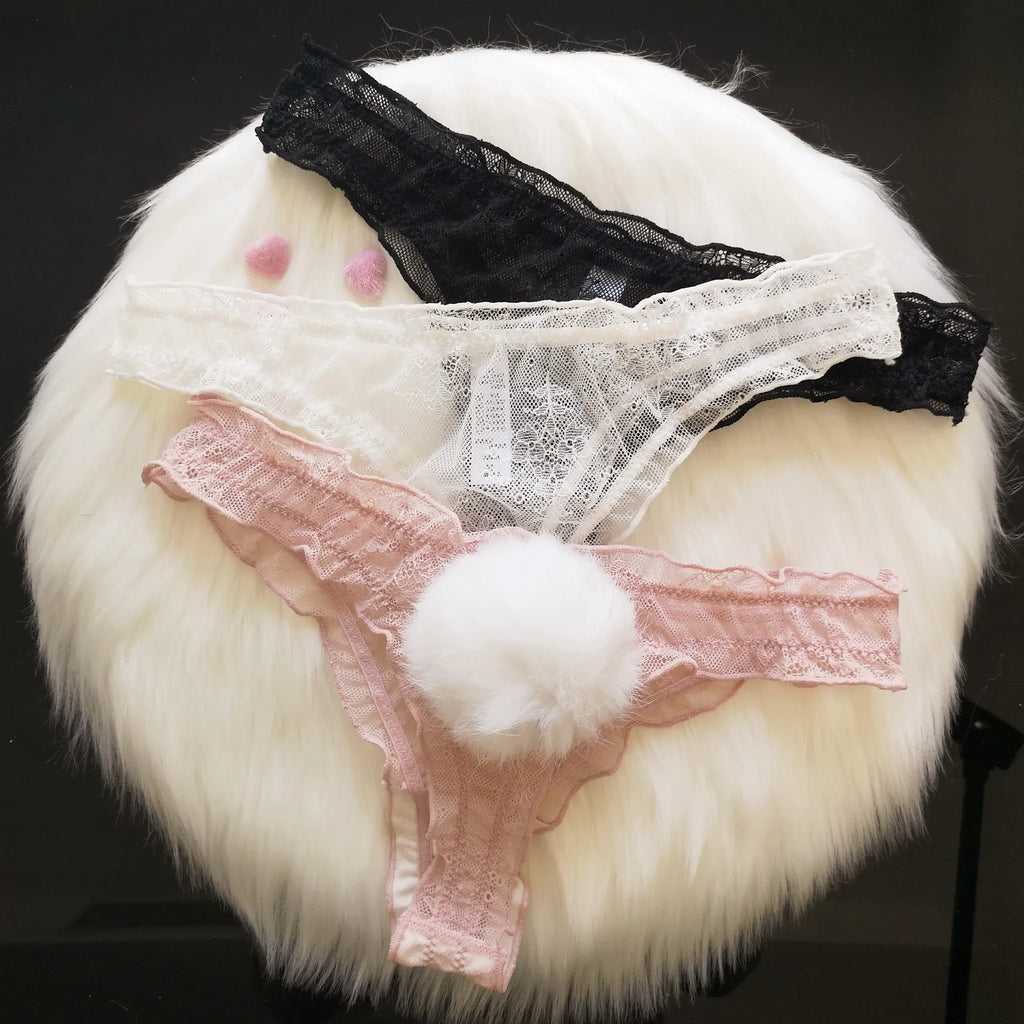Sexy Panties Cute Rabbit Tail Women's Thong Lace Briefs Transparent Underwear Comfort Breathable Low Rise G string Underpants