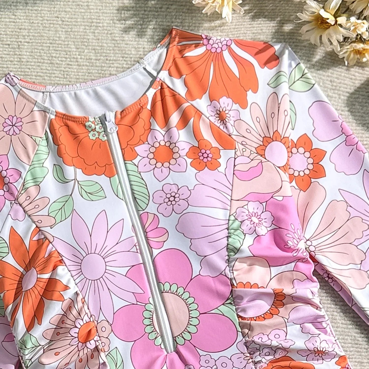 Vintage Pink Floral Print Swimwear Women 2026 Front Zipper Long Sleeve Sunscreen One Piece Swimsuit Bathing Suit Surf Monokini