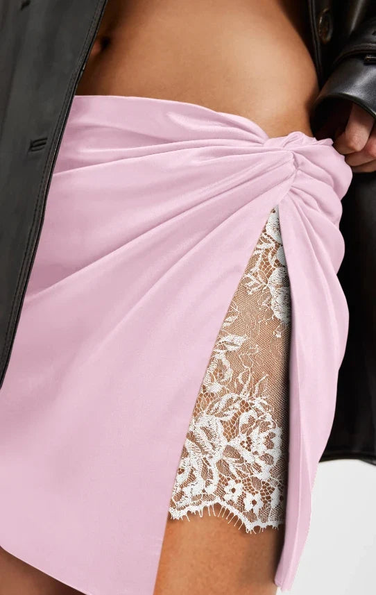 Summer Women Satin Skirt Lace Mini High Waist Slit Skirt Streetwear Fashion Y2K Clubwear Low Rise High Side Slit Short Skirt