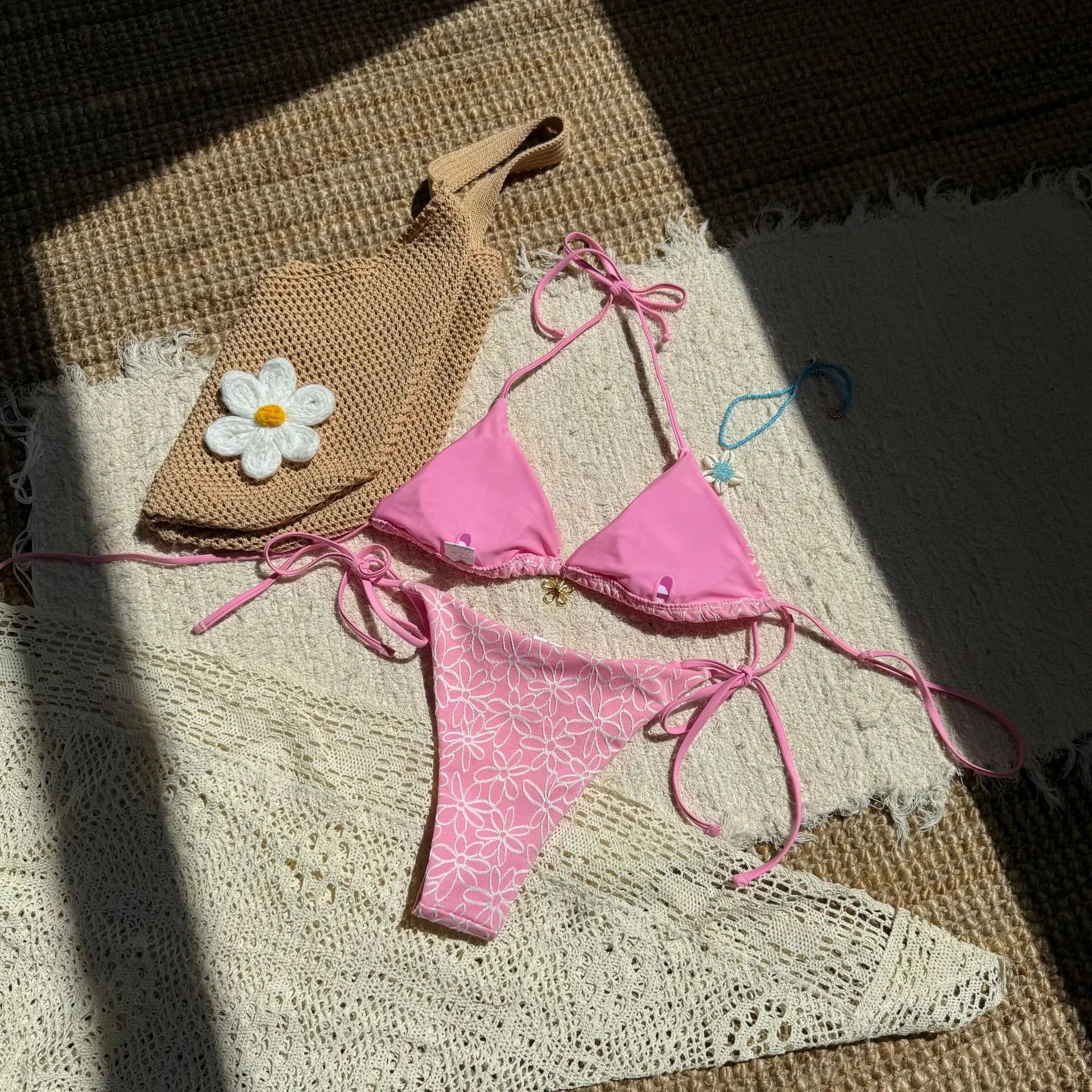 Sexy Pink Mesh Flower Bikini Set Women Halter Push Up Bra Bandage Triangle Swimsuit 2025 Summer Bathing Suit Vacation Swimwear