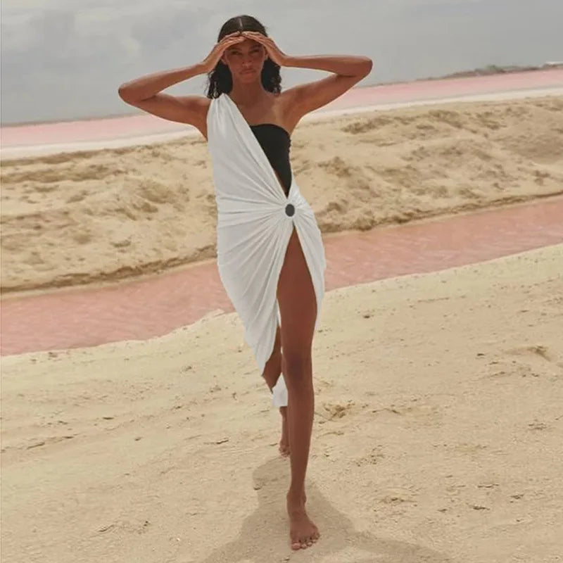 Sexy One-shoulder Asymmetric Black White Beach Dress Midi Beach Cover Up Woman Swimwear Bikini Tunic Kimono Beachwear Outfit