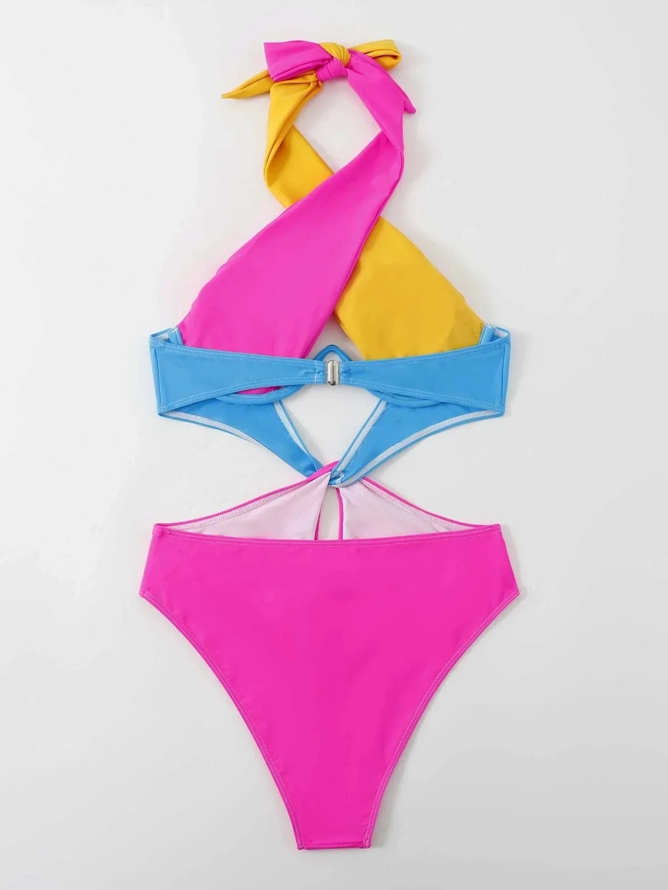 Sexy Constrast Color Swimwear Women Halter Cross Underwire Cut Out One Piece Swimsuit Bathing Suit Hot Pink Patchwork Bikini