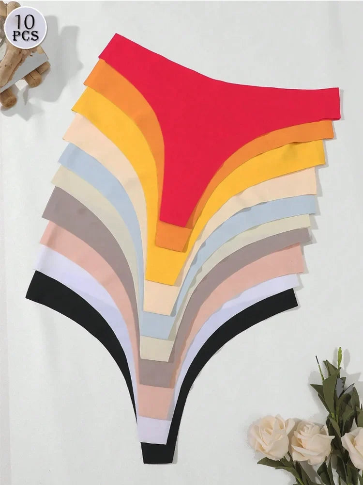10PCS/Set Seamless Ice Silk Panties Women V-Waist Underwear Sexy Sports Briefs Panties Female Soft Ultra-thin Lingerie G-string