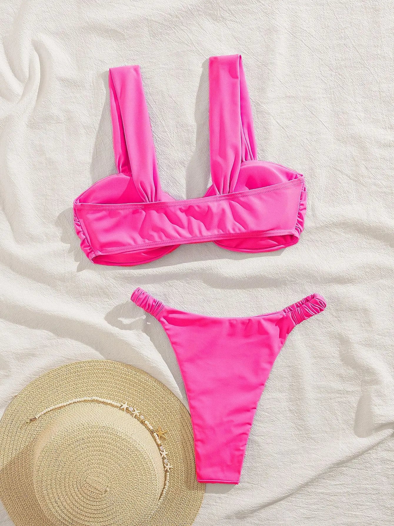2026 Swimwear Women Halter Low Cut Bikini Set Solid Pleated Split Swimsuit Sexy Thongs Summer New Holiday Bathing Suit