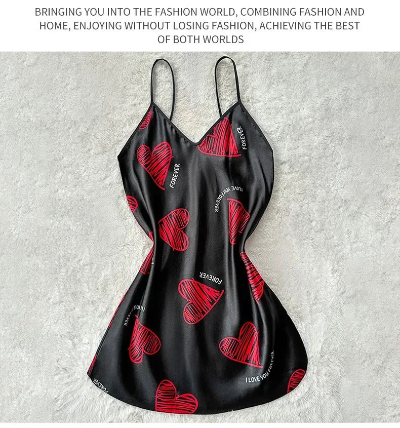 Valentine's Day Red Lip Print Satin Slip Straps Nightdress V Neck Backless Mini Sleep Dress Women's Nighties Sleepwear Dresses