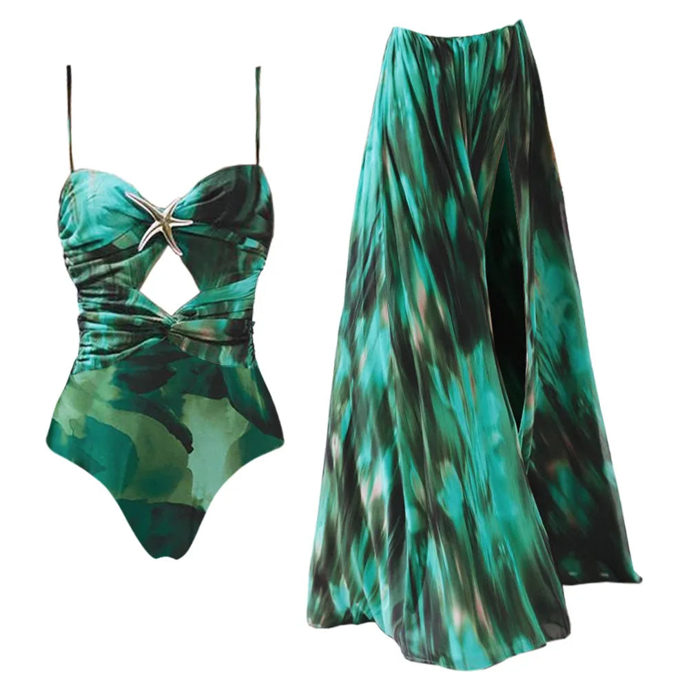 Cut Out Swimsuit And Cover Up Sexy Swimwear Women Floral Stars Swim Suit Push Up Bikini Bathingsuit Sliming Bodysuit Beachwear