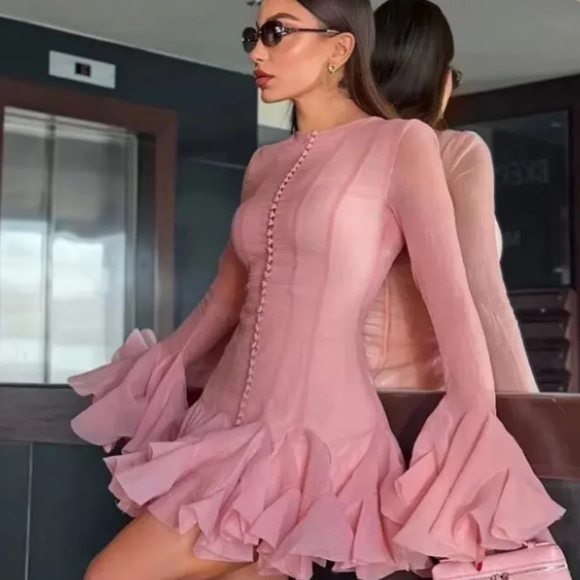 Women's Fashion Ruffled Hem Patchwork Short Dress Blush Pink Ruffled Mini Dress For Women Sleeves Front Button Hem Fashion T0PU