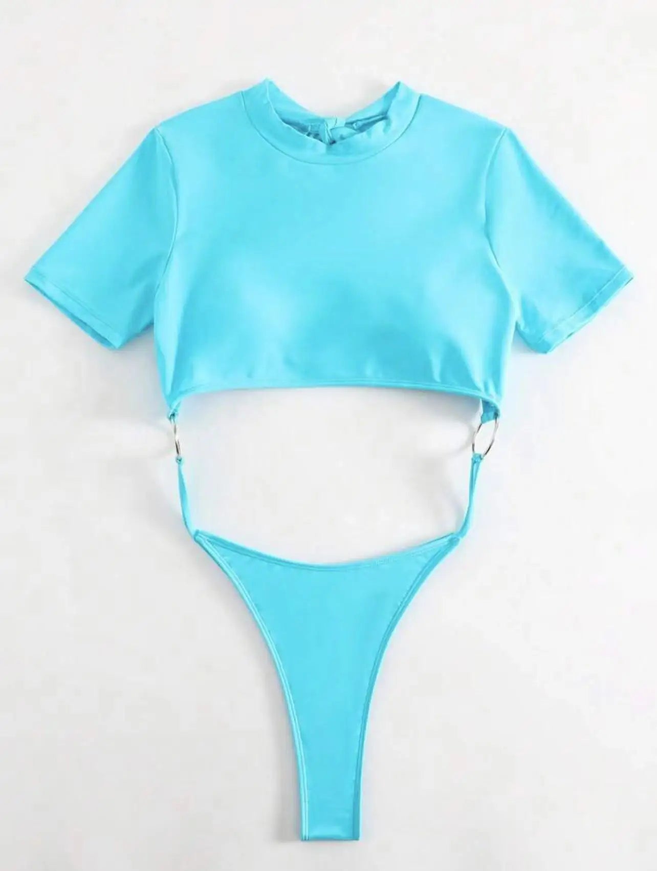 Bikini Women Swimsuit 2024 Blue Short Sleeve Hollow Out Thong Monokini Brazilian Beach Bathing Suit Push Up One Piece Swimwear