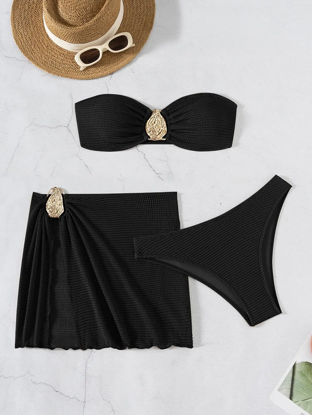 Sexy Bandeau Bikini Women Coffee Metal Water Droplet Ornament Push Up Mesh Skirt 3 Piece Swimsuit Beach Bathing Suit Swimwear