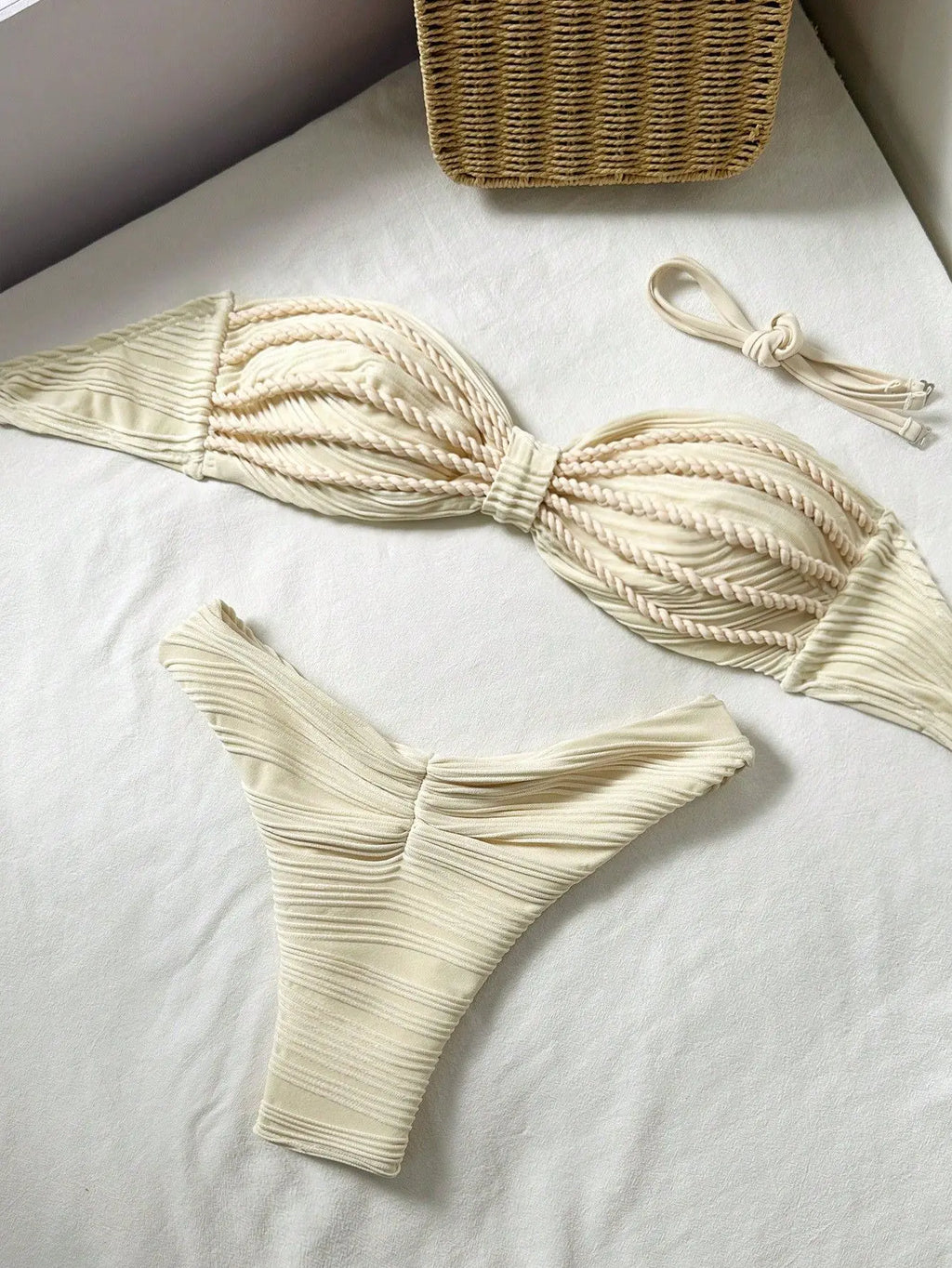 Sexy Bandeau Bikini 2026 Women Coffee Braiding Rope Pleate Tie Push Up High Waist Swimsuit Beach Holiday Bathing Suit Swimwear