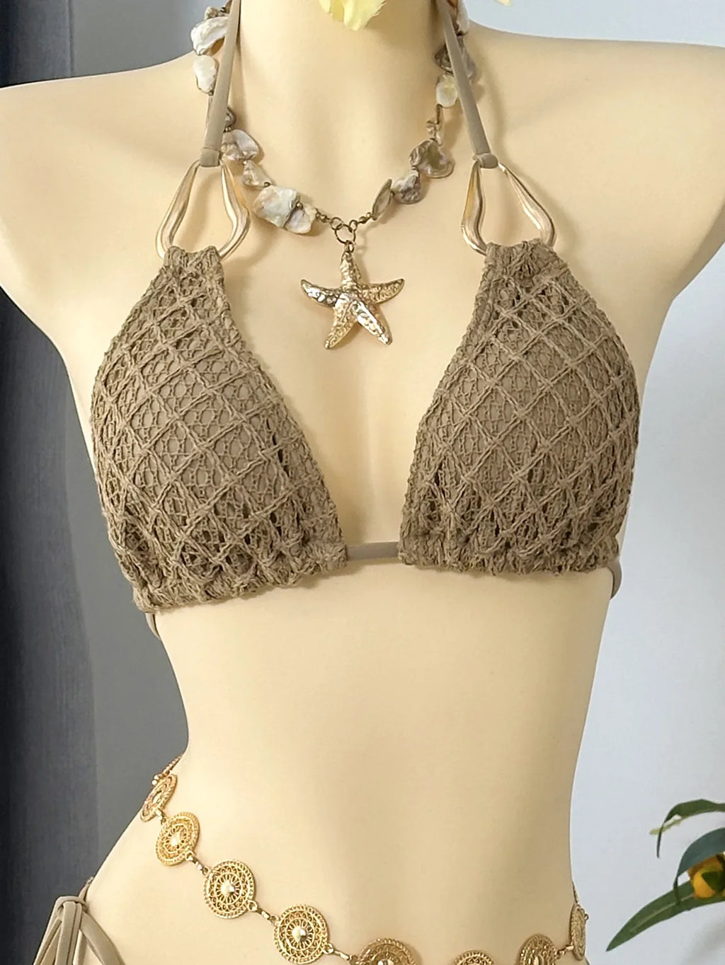 Vintage Beige Black Mesh Skirt 3 Piece Bikini Set 2026 Women Metal Chain Strap Push Up Bra Swimsuit Beach Bathing Suit Swimwear
