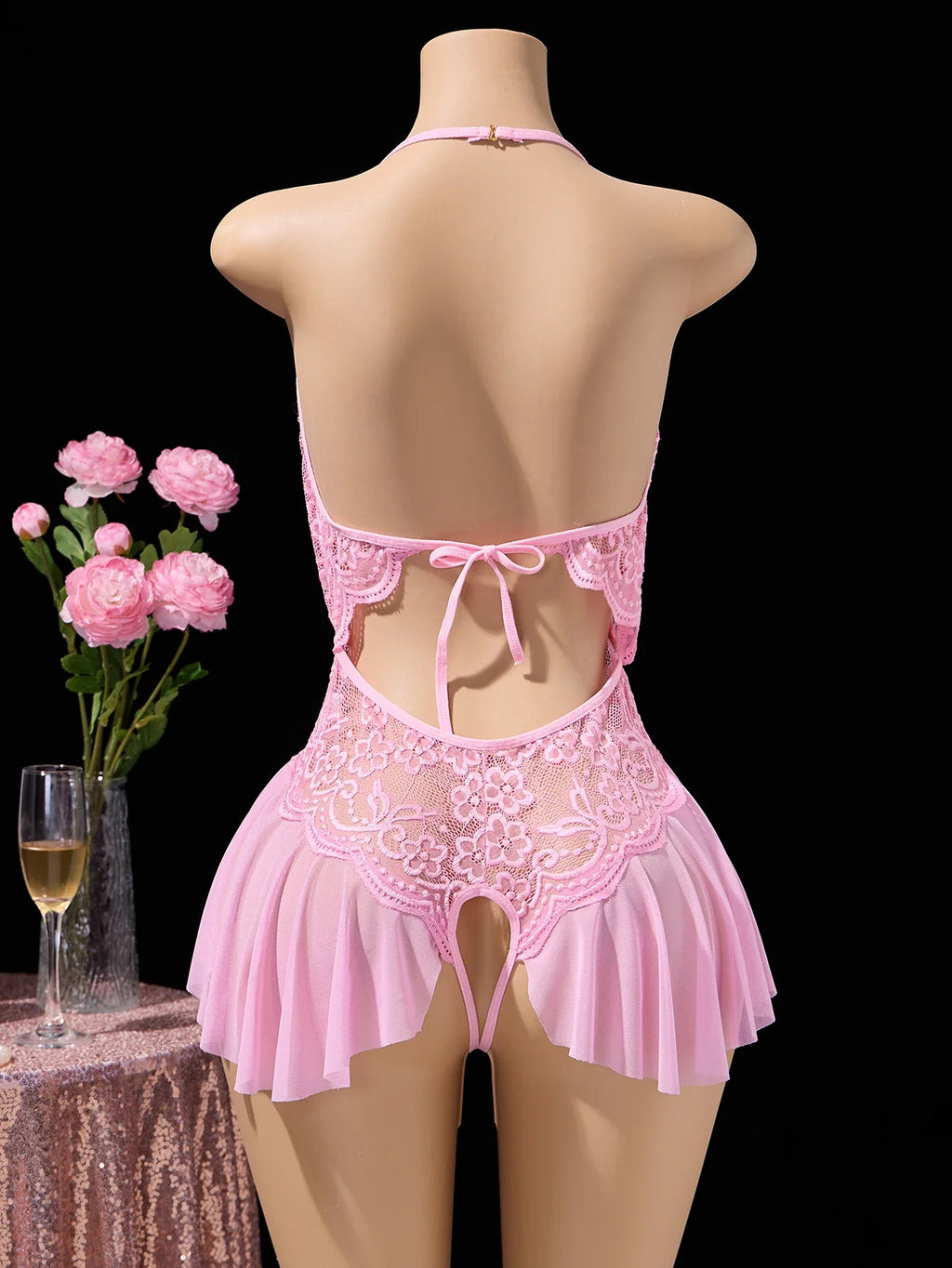 Pink Sexy Lingerie Women Hollow Open Bodysuit  Adult Apparel Teddy Crotchless Erotic Underwear One Piece V-neck Hot Lace Pajamas