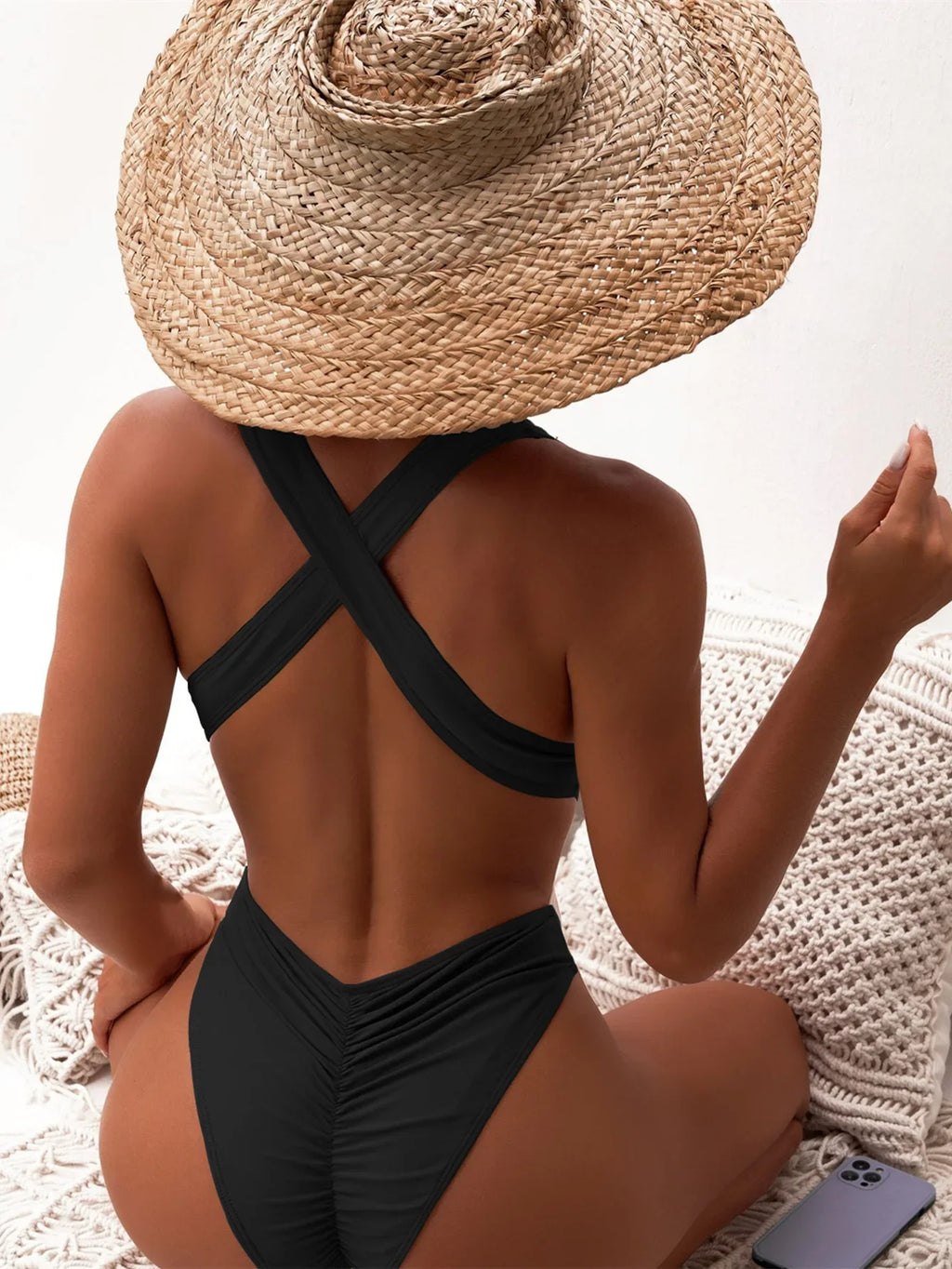 Deep V Neck One Piece Swimsuit Women Solid Red Black Criss Cross Backless Pleate Thong Bikini 2026 Beach Bathing Suit Swimwear